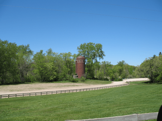 Red brick silo and roadway